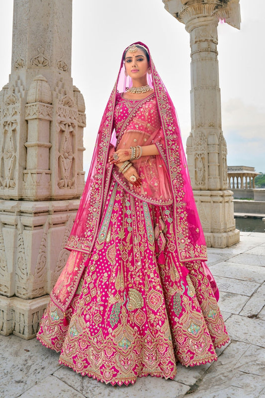 Fuchsia Pink Bridal Lehenga Choli with Heavy Zari and Embroidery - Mangaldeep NX