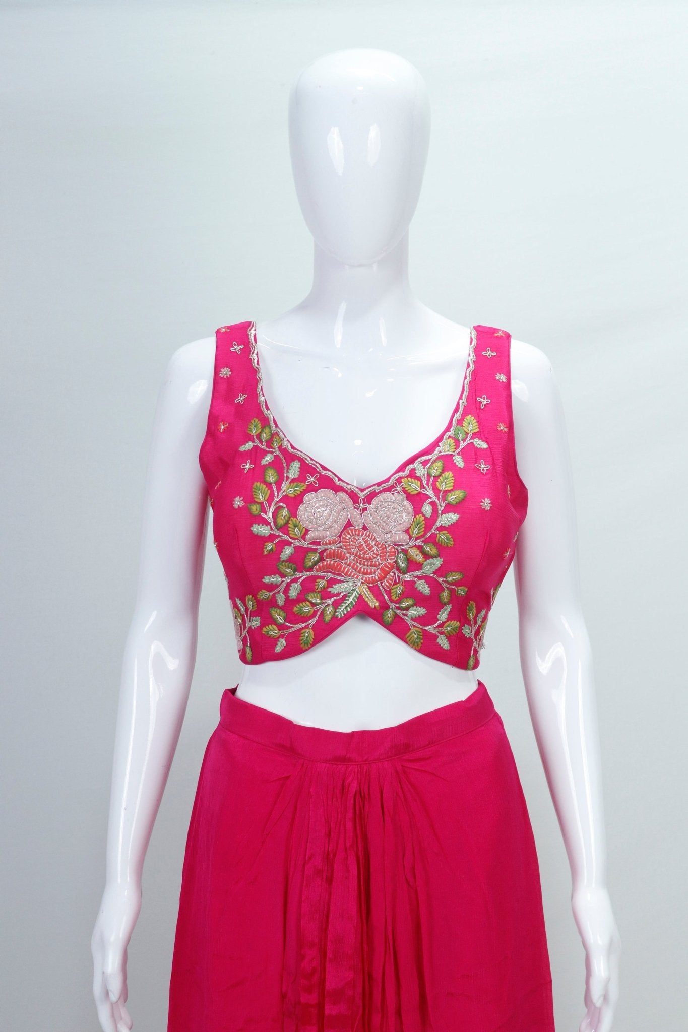 Fuchsia Pink Embroidered Georgette Dhoti Style Set - Mangaldeep NX
