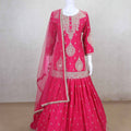 Fuchsia Pink Embroidered Lehenga Choli with Net Dupatta and Long Kurti - Mangaldeep NX