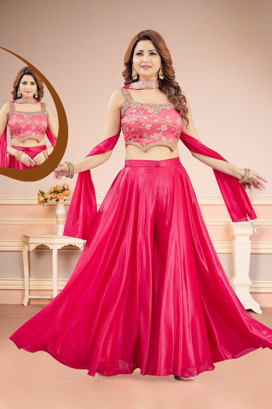 Glorious Pink Embroidered Crop Top with Palazzo Suit - Mangaldeep NX