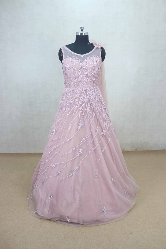Glorious Pink Sleeveless Net Gown with Sequin Floral Embroidery - Mangaldeep NX