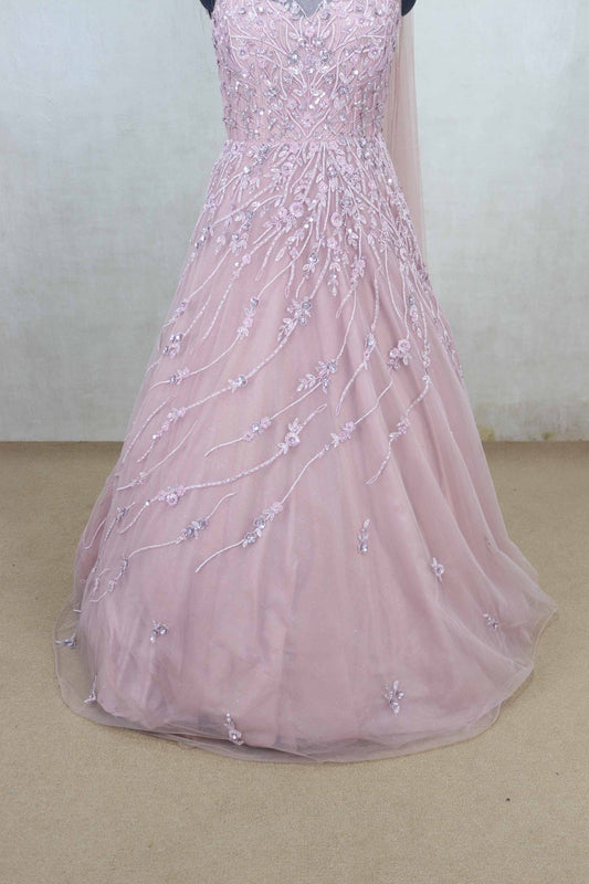 Glorious Pink Sleeveless Net Gown with Sequin Floral Embroidery - Mangaldeep NX