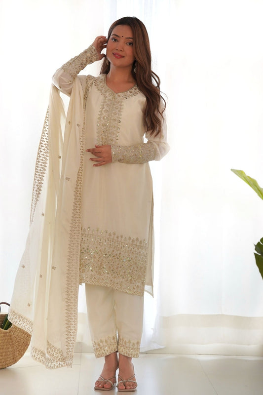 Glorious White Embroidered Kurta Set with Dupatta - Mangaldeep NX