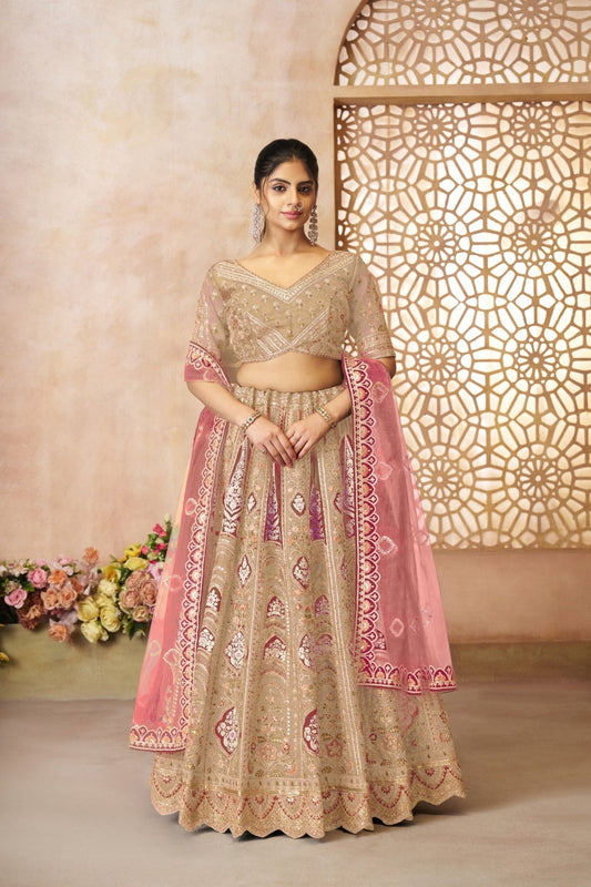 Gold Embroidered Bridal Lehenga Choli Set with Pink Net Dupatta - Mangaldeep NX