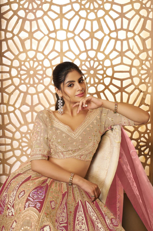 Gold Embroidered Bridal Lehenga Choli Set with Pink Net Dupatta - Mangaldeep NX