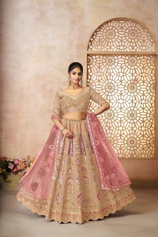 Gold Embroidered Bridal Lehenga Choli Set with Pink Net Dupatta - Mangaldeep NX