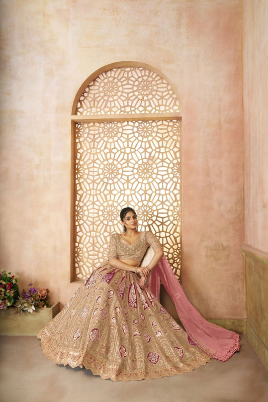 Gold Embroidered Bridal Lehenga Choli Set with Pink Net Dupatta - Mangaldeep NX