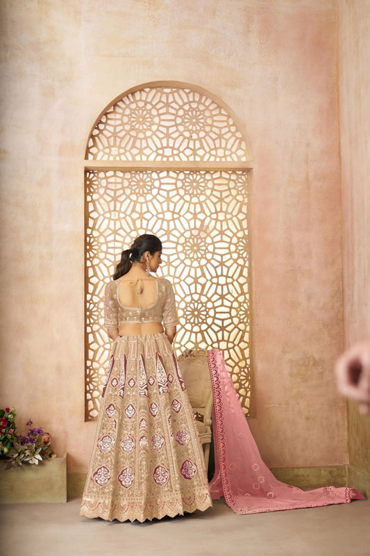 Gold Embroidered Bridal Lehenga Choli Set with Pink Net Dupatta - Mangaldeep NX