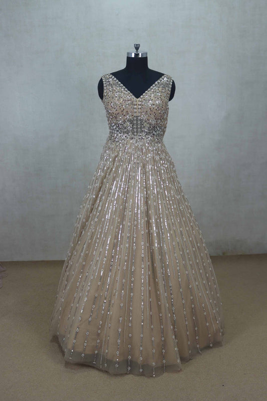 Gold Sleeveless Party Gown with Heavy Sequin Embellishment - Mangaldeep NX