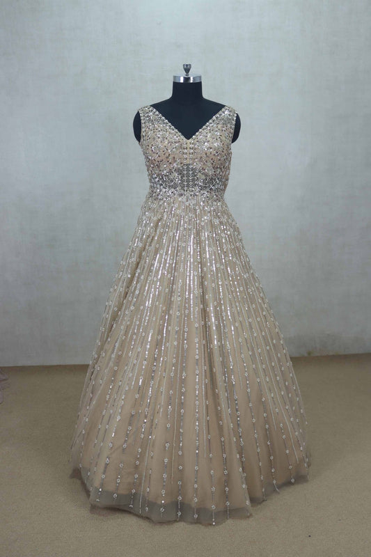 Gold Sleeveless Party Gown with Heavy Sequin Embellishment - Mangaldeep NX