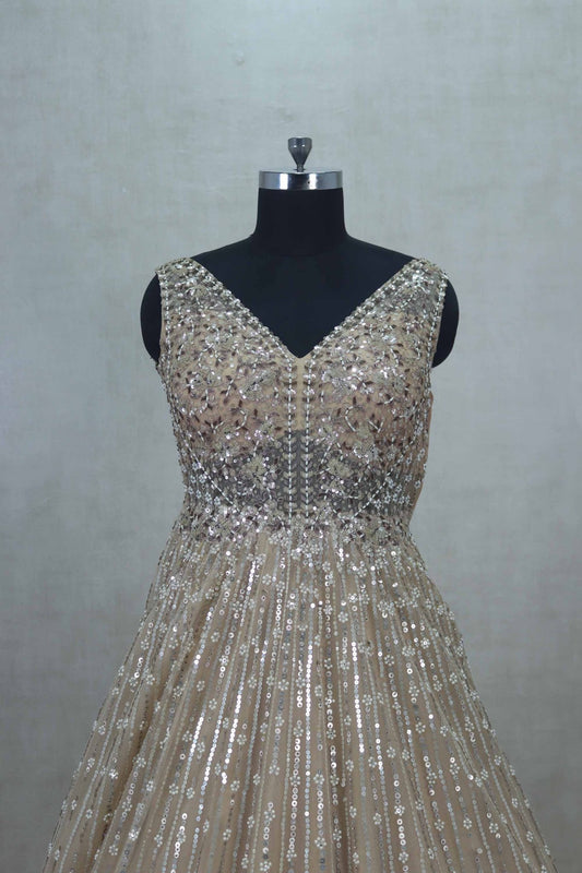 Gold Sleeveless Party Gown with Heavy Sequin Embellishment - Mangaldeep NX