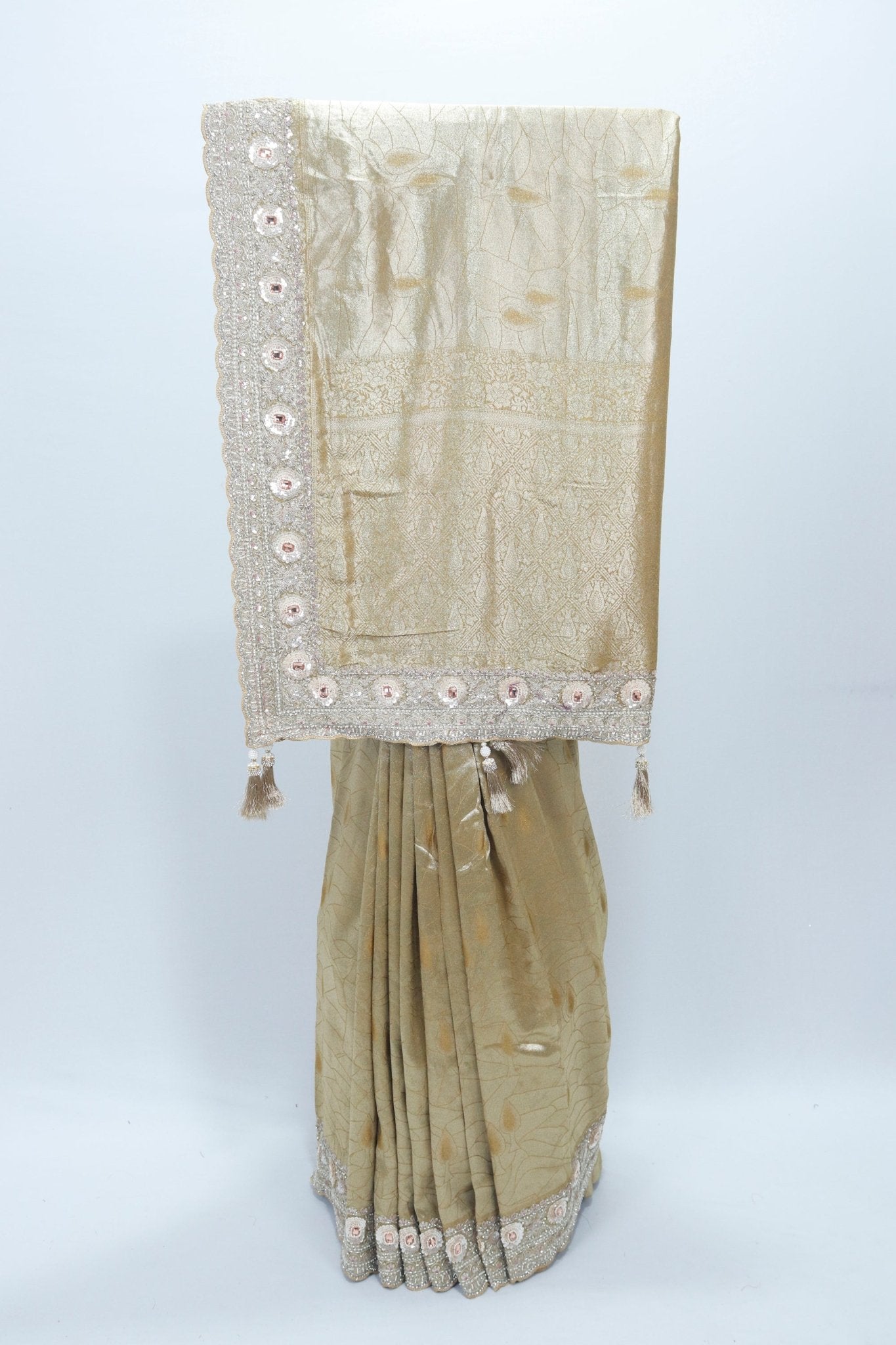 Golden Banarasi Silk Saree with Embroidered Border and Tassel Detailing - Mangaldeep NX