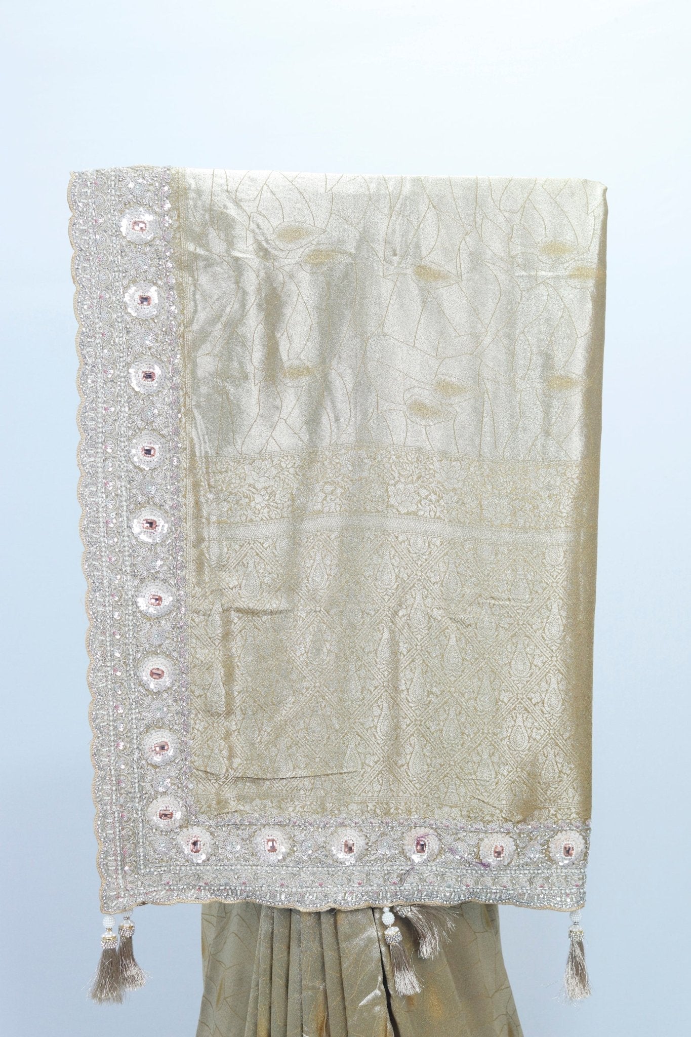 Golden Banarasi Silk Saree with Embroidered Border and Tassel Detailing - Mangaldeep NX