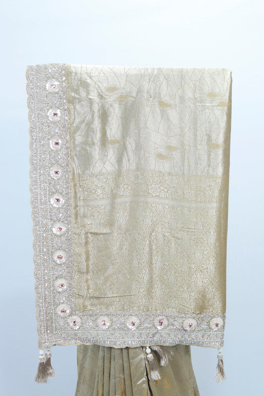 Golden Banarasi Silk Saree with Embroidered Border and Tassel Detailing - Mangaldeep NX