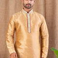 Golden Beige Embroidered Art Silk Kurta for Men with Maroon Pyjama - Mangaldeep NX