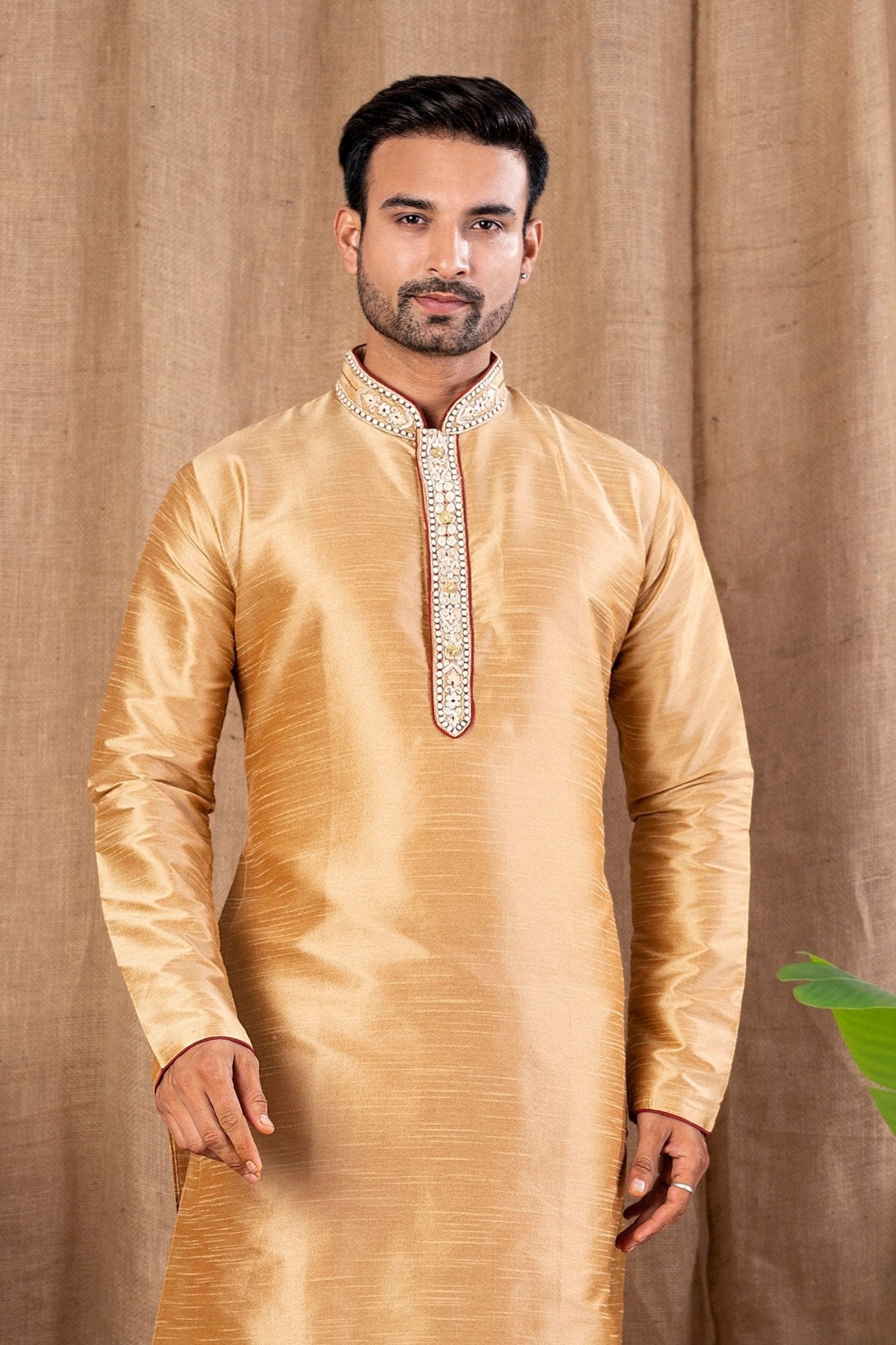 Golden Beige Embroidered Art Silk Kurta for Men with Maroon Pyjama - Mangaldeep NX