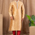 Golden Beige Embroidered Art Silk Kurta for Men with Maroon Pyjama - Mangaldeep NX
