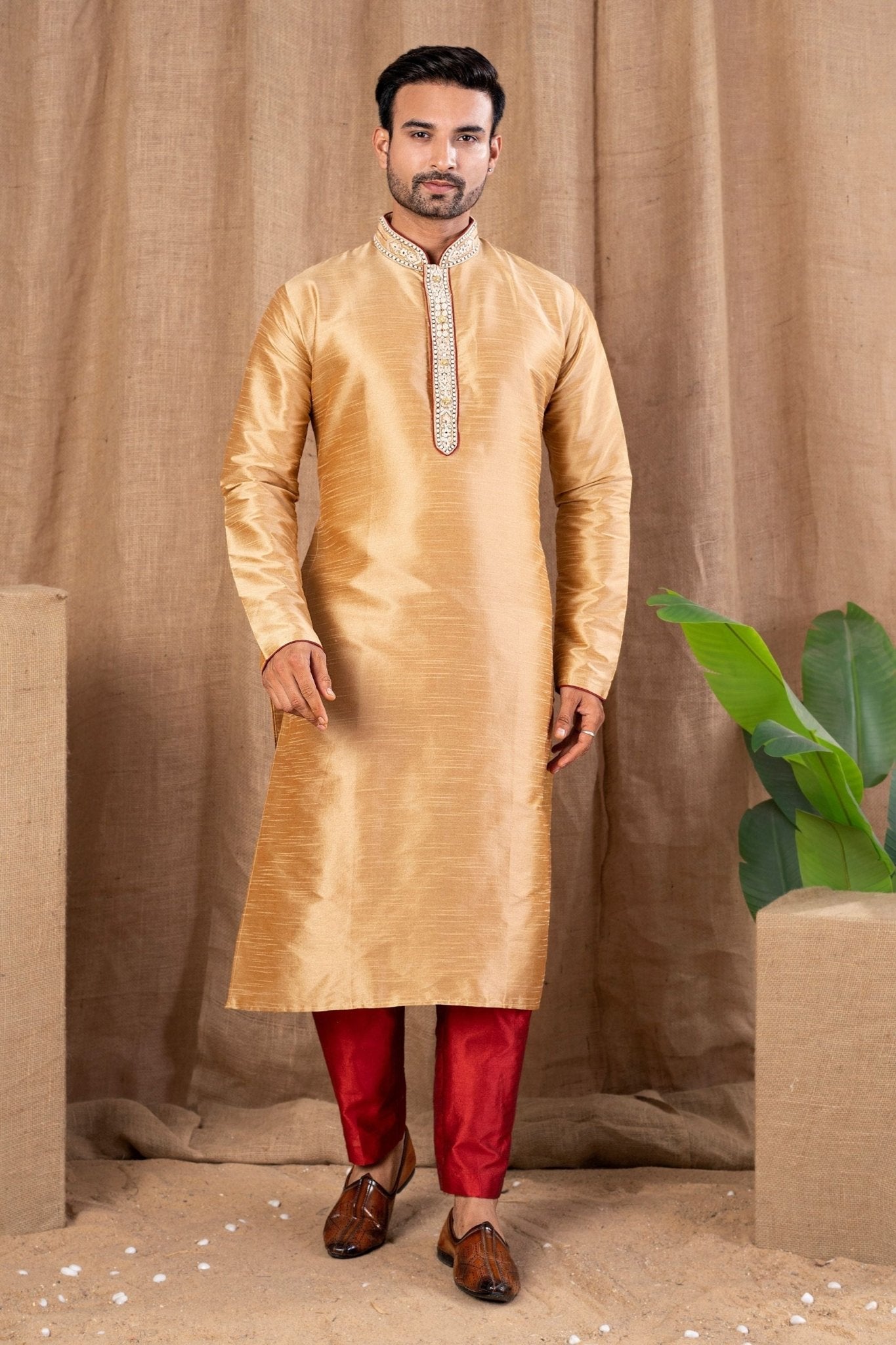 Golden Beige Embroidered Art Silk Kurta for Men with Maroon Pyjama - Mangaldeep NX