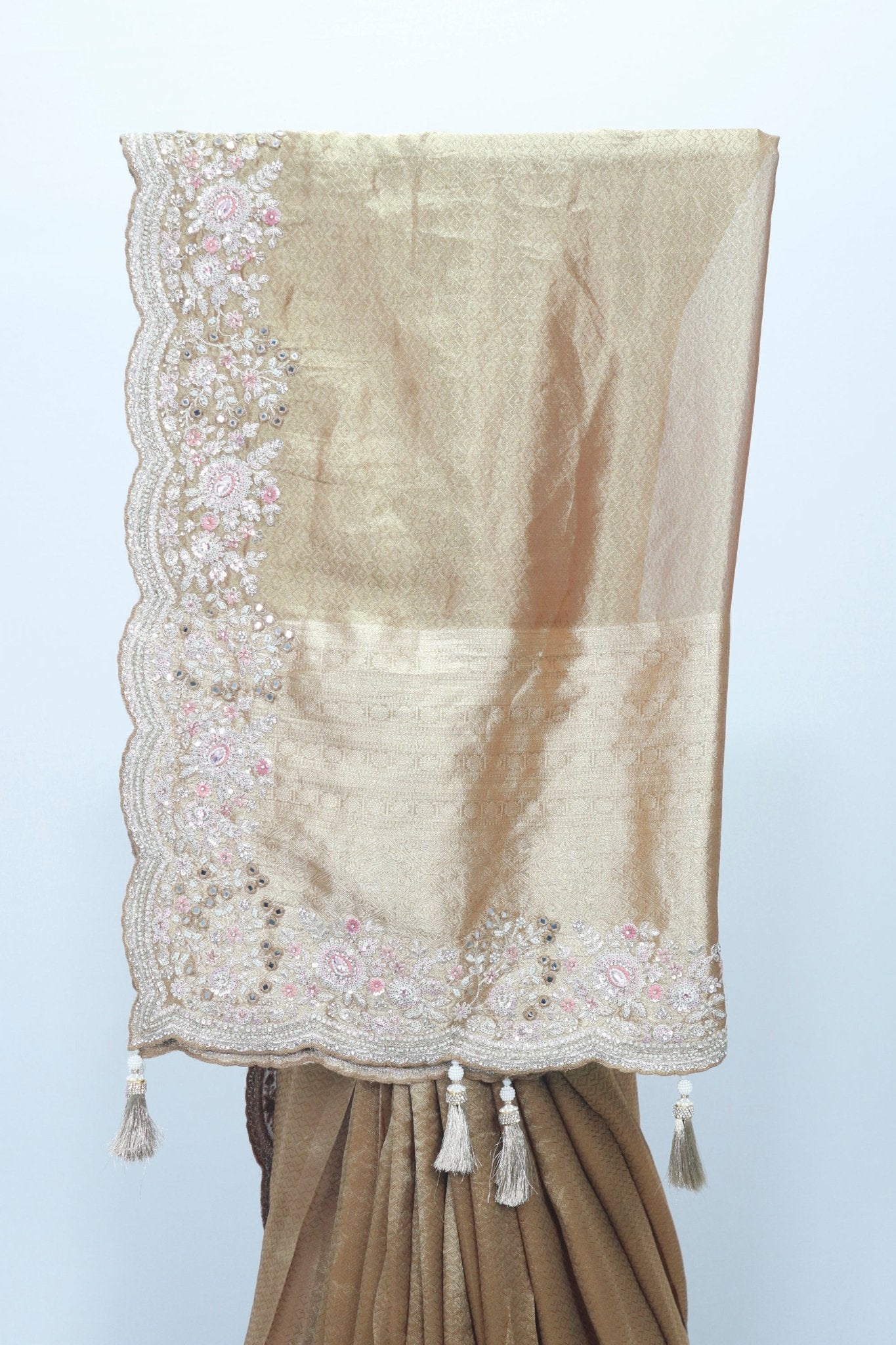 Golden Brown Embroidered Saree with Sequin & Pearl Detailing – Elegant Bridal & Party Wear - Mangaldeep NX