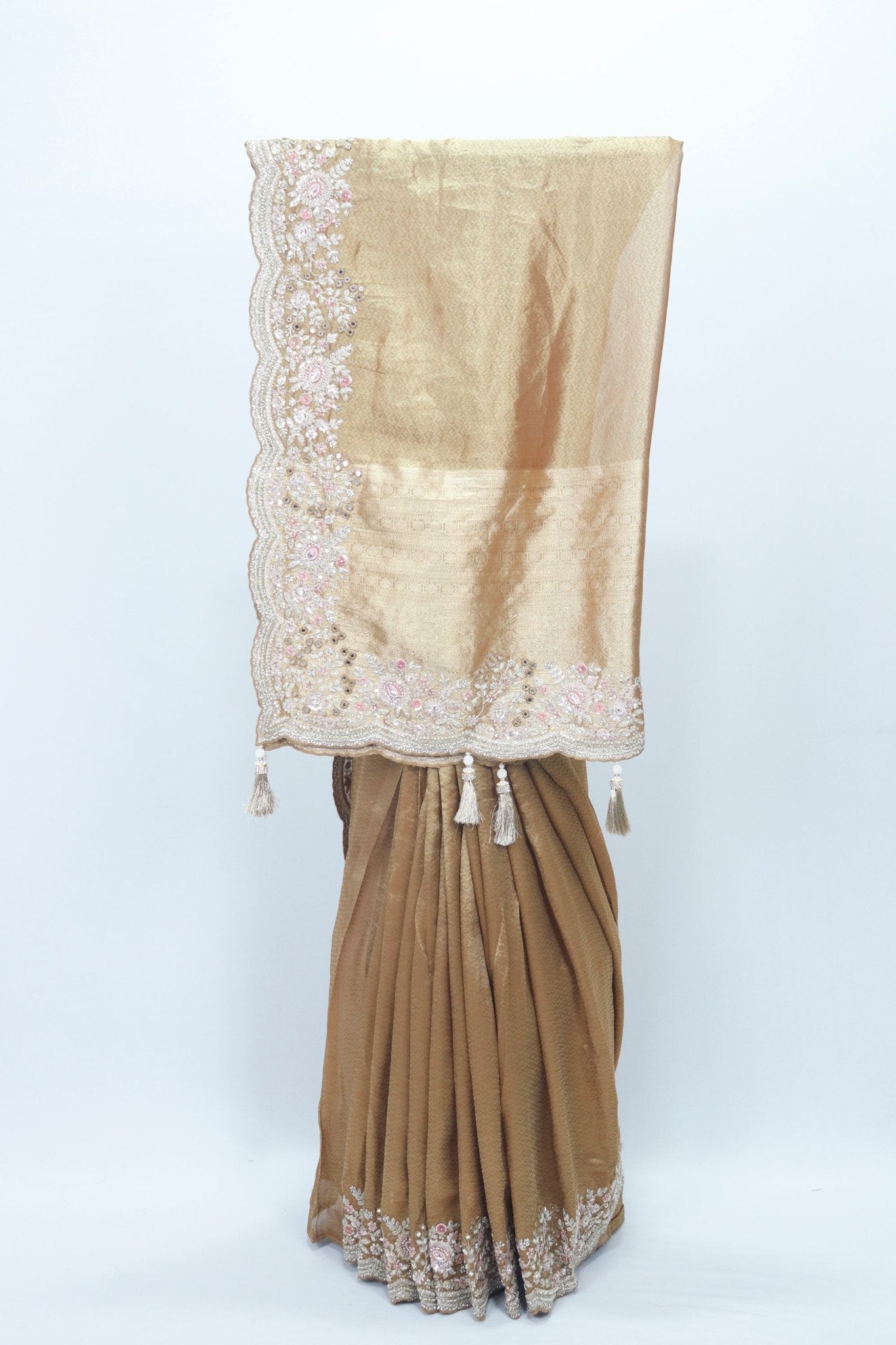 Golden Brown Embroidered Saree with Sequin & Pearl Detailing – Elegant Bridal & Party Wear - Mangaldeep NX