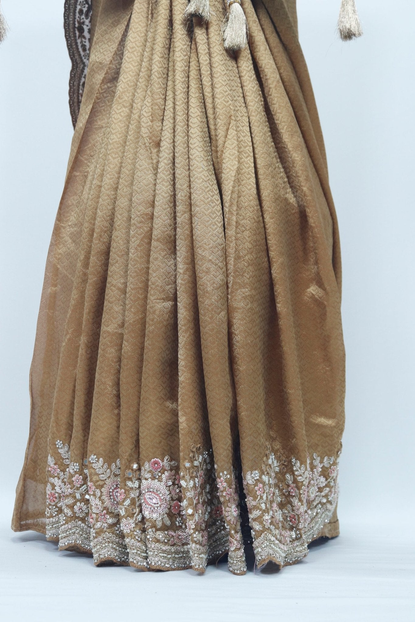 Golden Brown Embroidered Saree with Sequin & Pearl Detailing – Elegant Bridal & Party Wear - Mangaldeep NX
