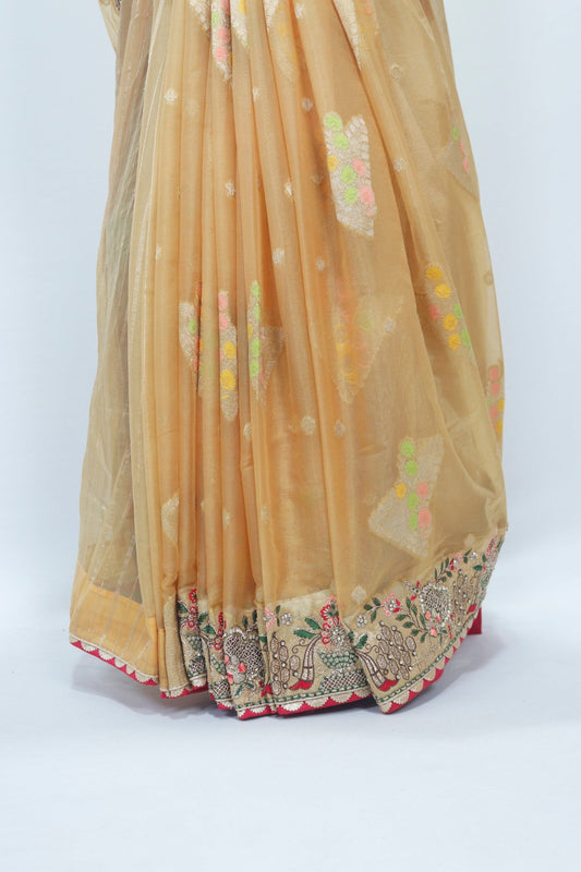 Golden Net Saree with Multicolor Embroidery and Designer Border - Mangaldeep NX