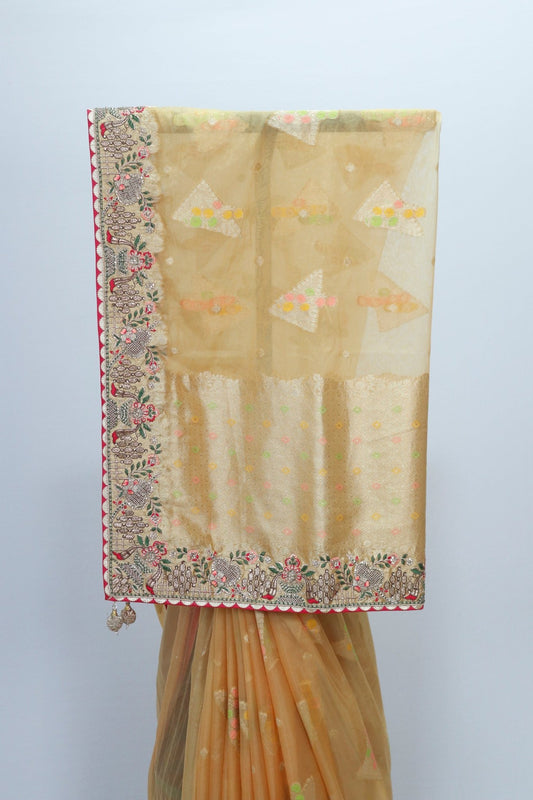 Golden Net Saree with Multicolor Embroidery and Designer Border - Mangaldeep NX