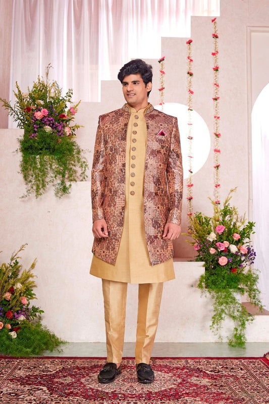 Golden Silk Kurta Set with Brown Brocade Patterned Indo - Western Jacket for Men - Mangaldeep NX