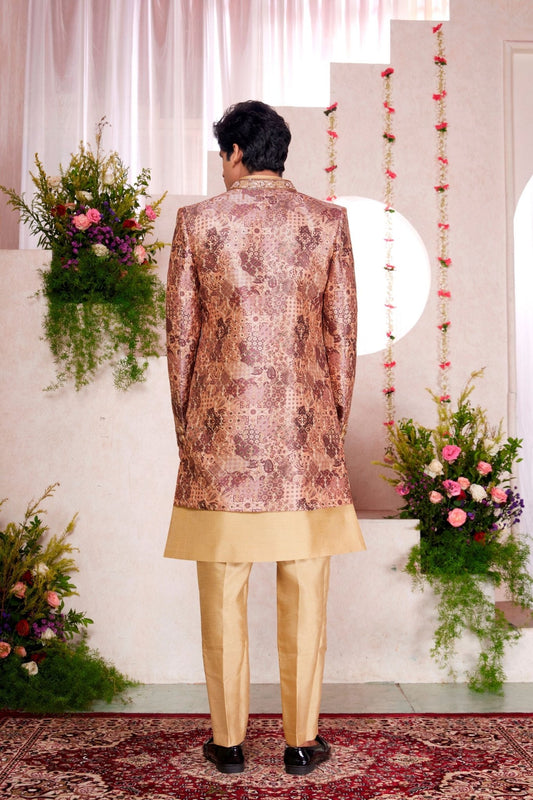 Golden Silk Kurta Set with Brown Brocade Patterned Indo - Western Jacket for Men - Mangaldeep NX