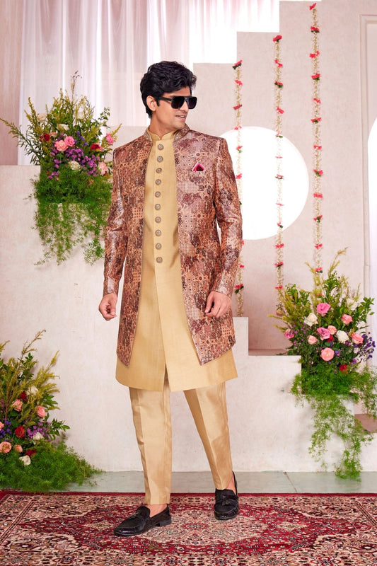 Golden Silk Kurta Set with Brown Brocade Patterned Indo - Western Jacket for Men - Mangaldeep NX