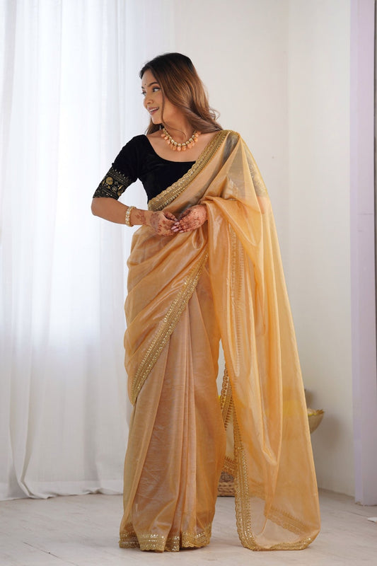 Golden Twill Net Saree with Sequin Border and Black Velvet Blouse - Mangaldeep NX