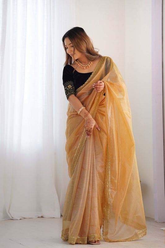 Golden Twill Net Saree with Sequin Border and Black Velvet Blouse - Mangaldeep NX