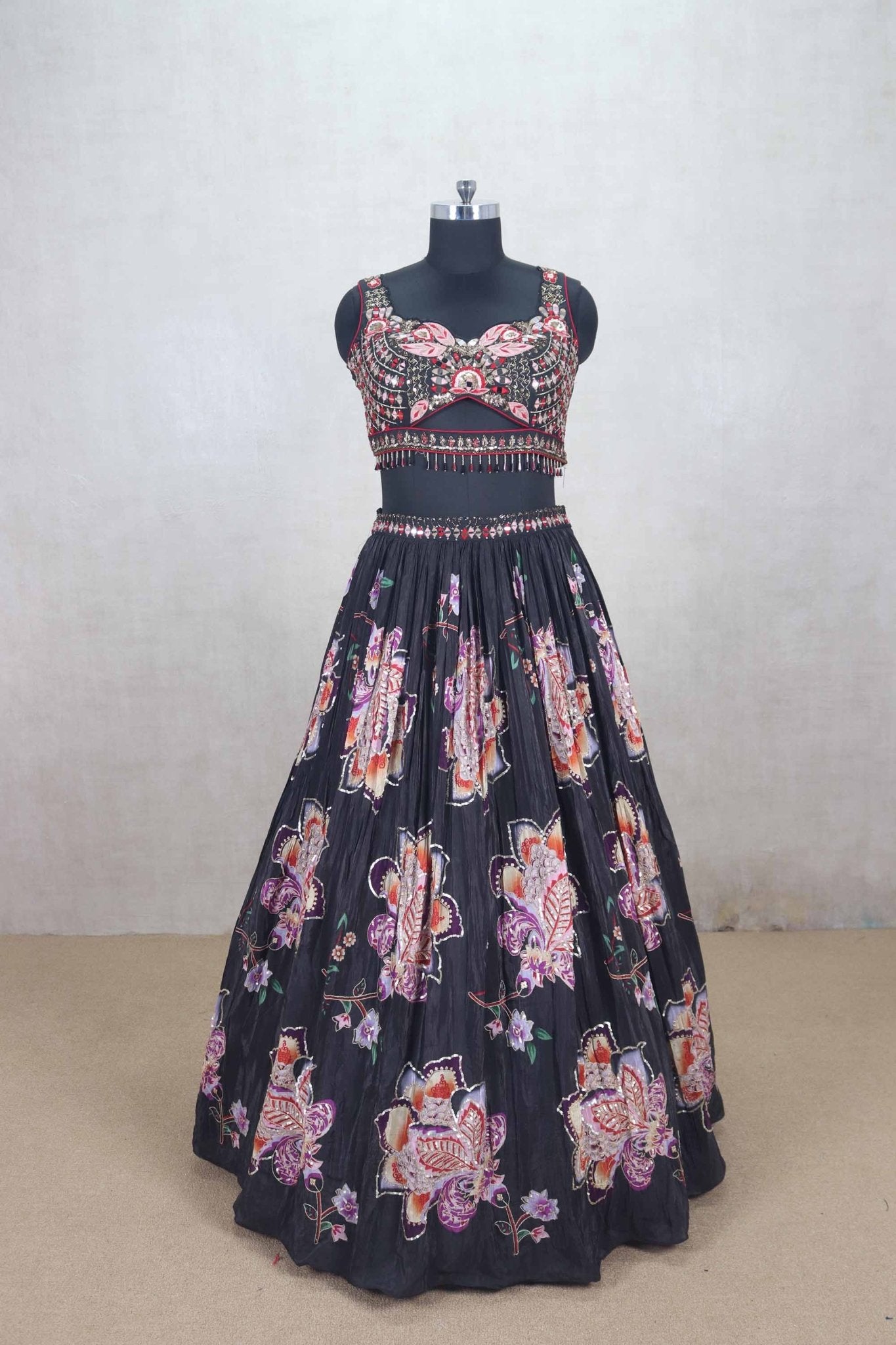 Gorgeous Black Floral Embroidered Lehenga Choli with Mirror Work & Net Dupatta - Mangaldeep NX