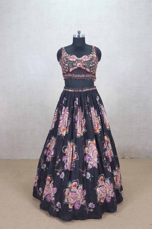 Gorgeous Black Floral Embroidered Lehenga Choli with Mirror Work & Net Dupatta - Mangaldeep NX