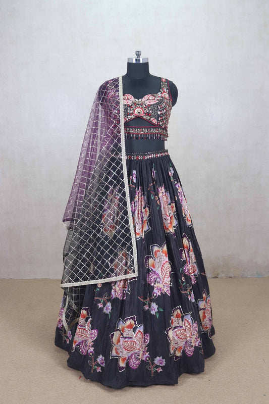 Gorgeous Black Floral Embroidered Lehenga Choli with Mirror Work & Net Dupatta - Mangaldeep NX