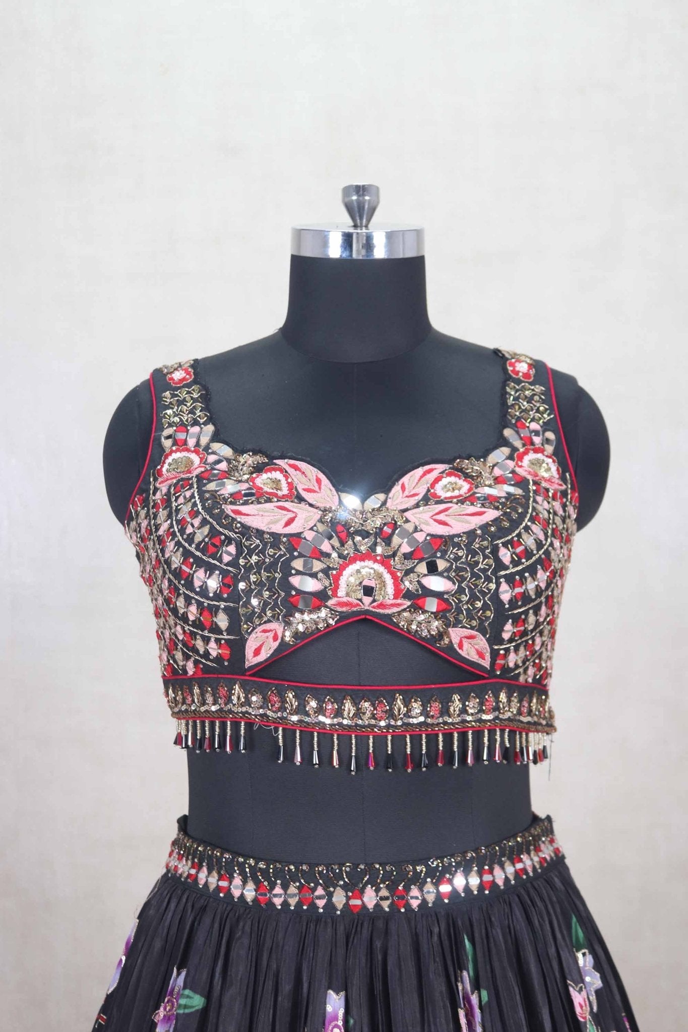 Gorgeous Black Floral Embroidered Lehenga Choli with Mirror Work & Net Dupatta - Mangaldeep NX
