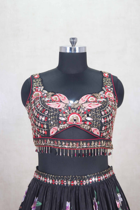 Gorgeous Black Floral Embroidered Lehenga Choli with Mirror Work & Net Dupatta - Mangaldeep NX