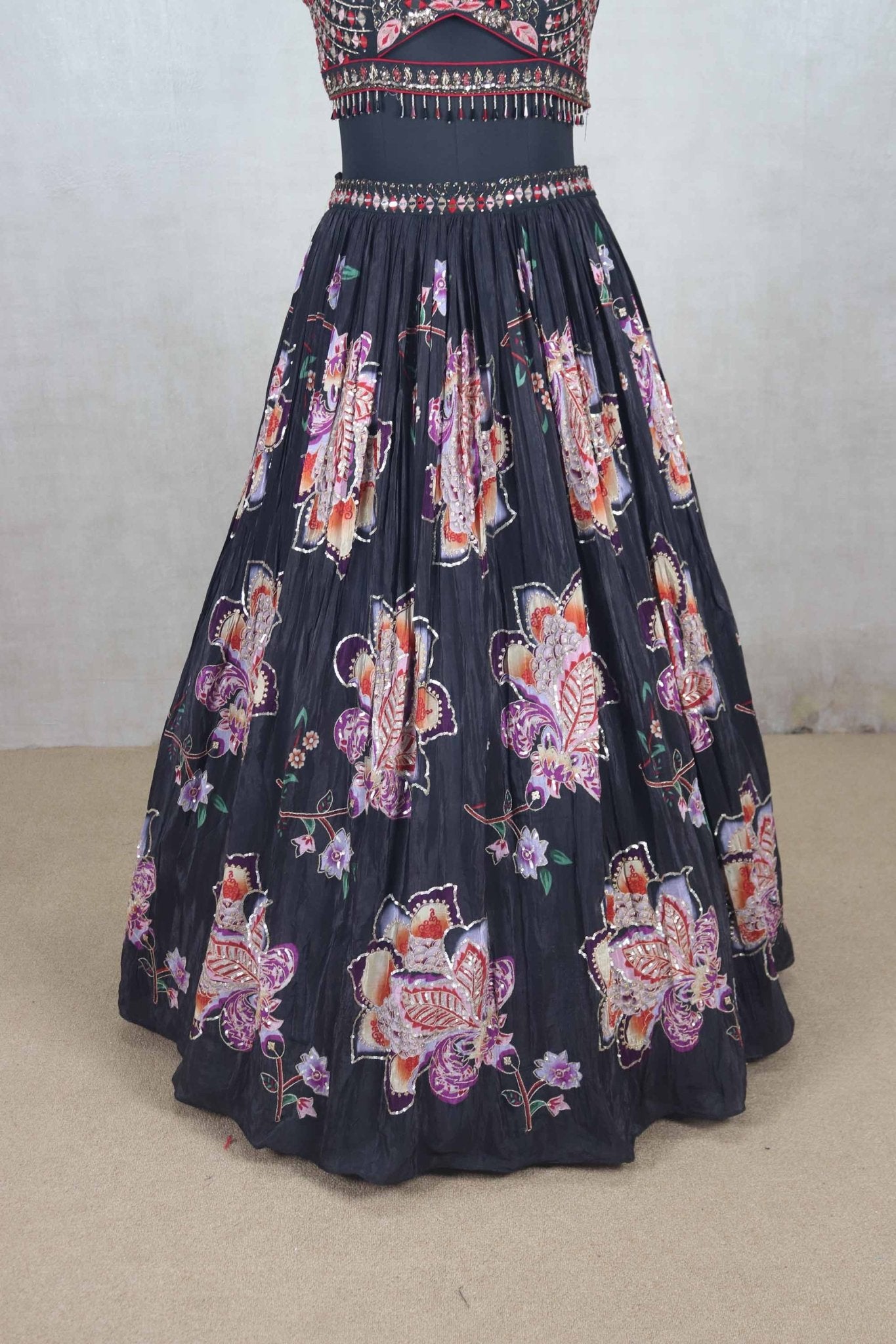 Gorgeous Black Floral Embroidered Lehenga Choli with Mirror Work & Net Dupatta - Mangaldeep NX