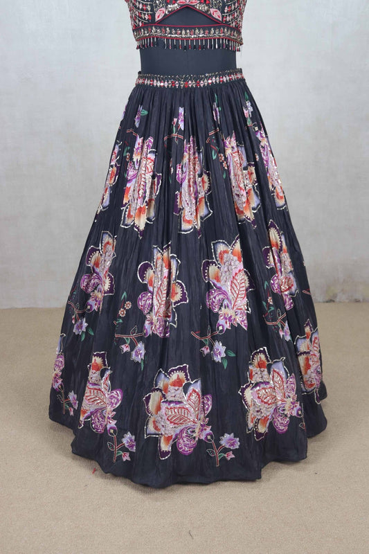 Gorgeous Black Floral Embroidered Lehenga Choli with Mirror Work & Net Dupatta - Mangaldeep NX