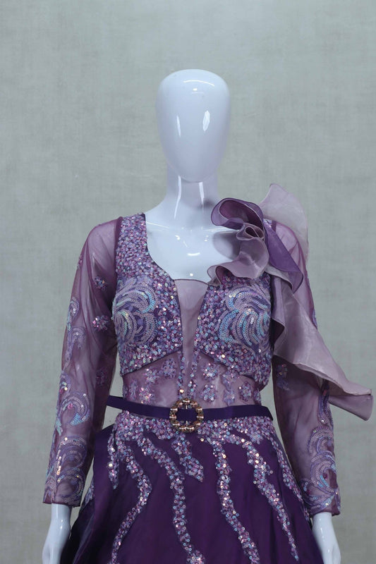 Gorgeous Purple Full Sleeve Gown with Sequin Embellishments and Organza - Mangaldeep NX
