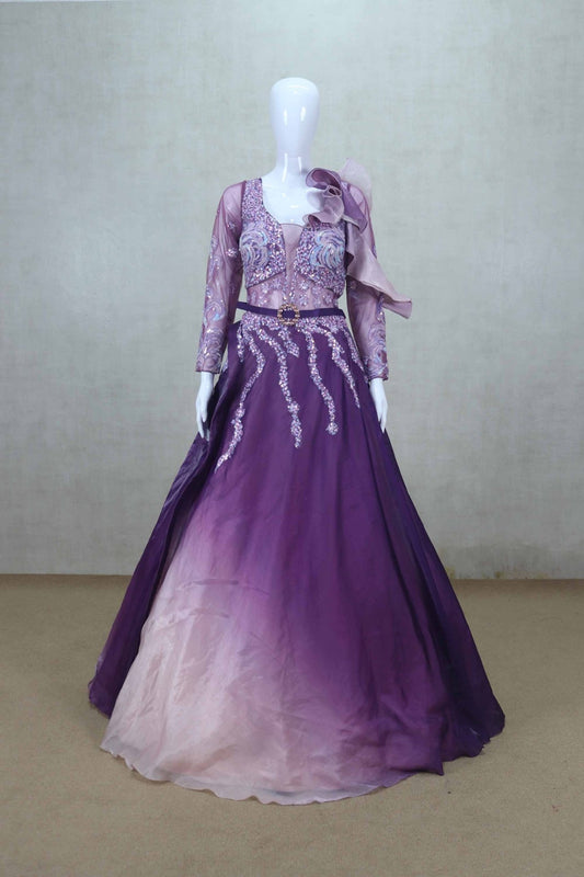 Gorgeous Purple Full Sleeve Gown with Sequin Embellishments and Organza - Mangaldeep NX