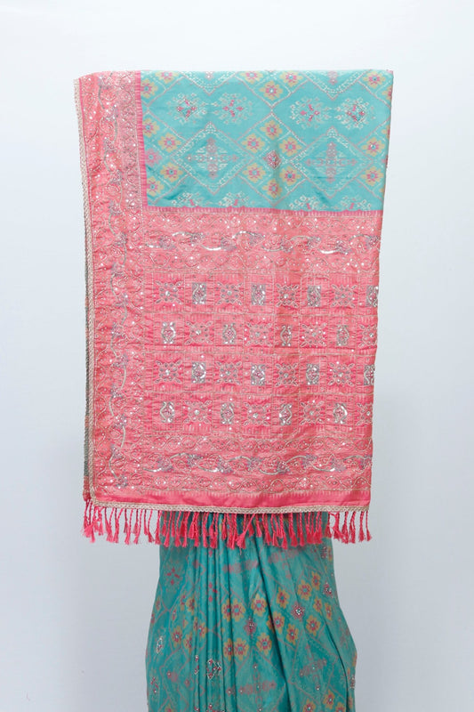 Graceful Green and Coral Bandhani Silk Saree with Mirror Work and Tassel Accents - Mangaldeep NX