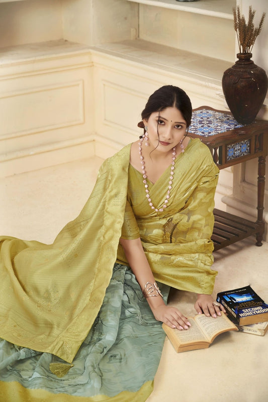 Graceful Light Olive Green and Sea Green Woven Linen Silk Saree - Mangaldeep NX
