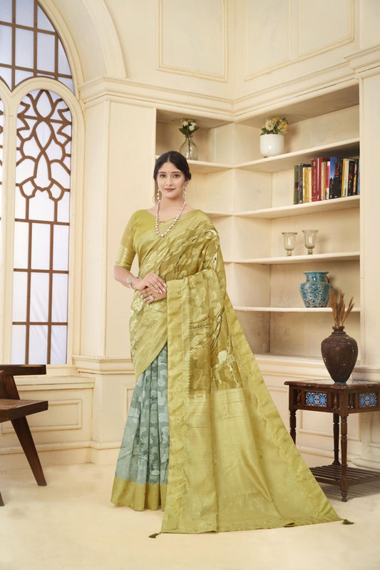 Graceful Light Olive Green and Sea Green Woven Linen Silk Saree - Mangaldeep NX