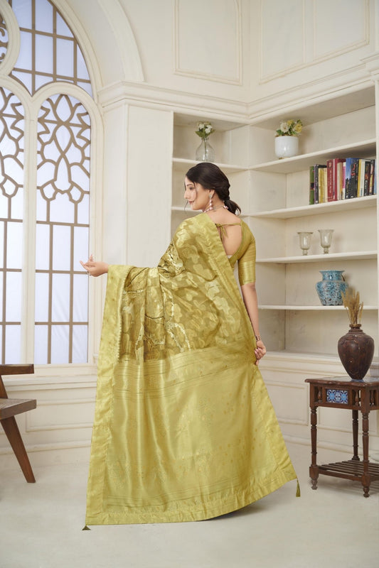 Graceful Light Olive Green and Sea Green Woven Linen Silk Saree - Mangaldeep NX