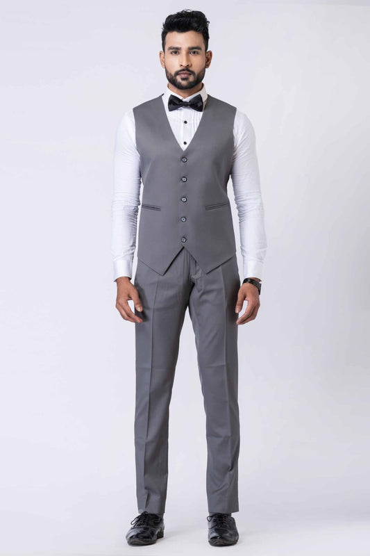 Graceful Men's Grey 3 - Piece Party Wear Tuxedo Suit with Bow Tie - Mangaldeep NX