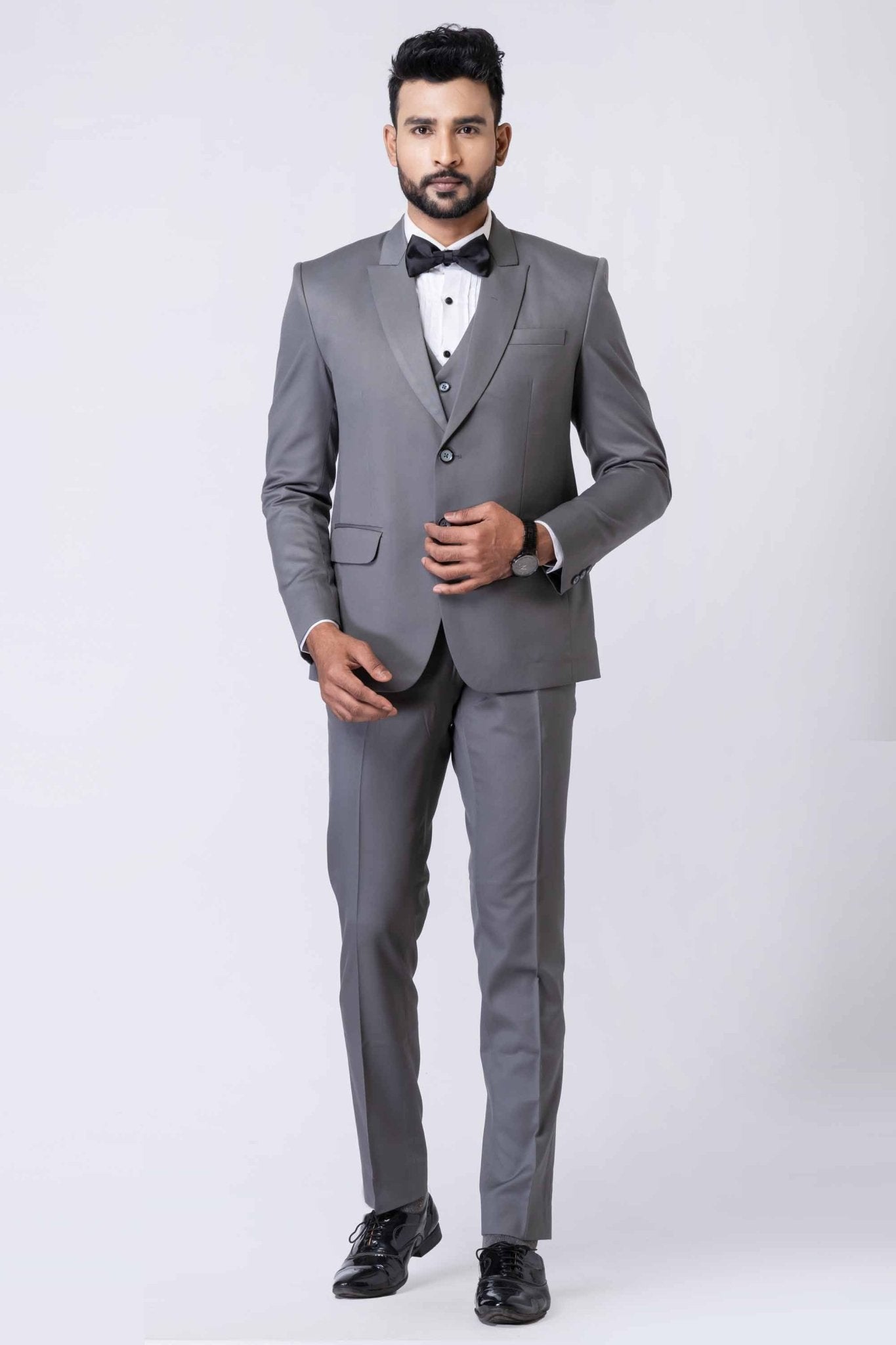 Graceful Men's Grey 3 - Piece Party Wear Tuxedo Suit with Bow Tie - Mangaldeep NX