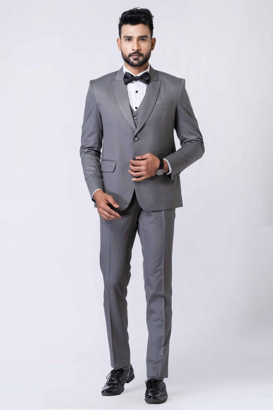 Graceful Men's Grey 3 - Piece Party Wear Tuxedo Suit with Bow Tie - Mangaldeep NX