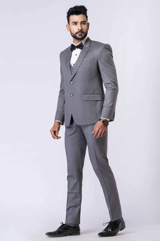 Graceful Men's Grey 3 - Piece Party Wear Tuxedo Suit with Bow Tie - Mangaldeep NX