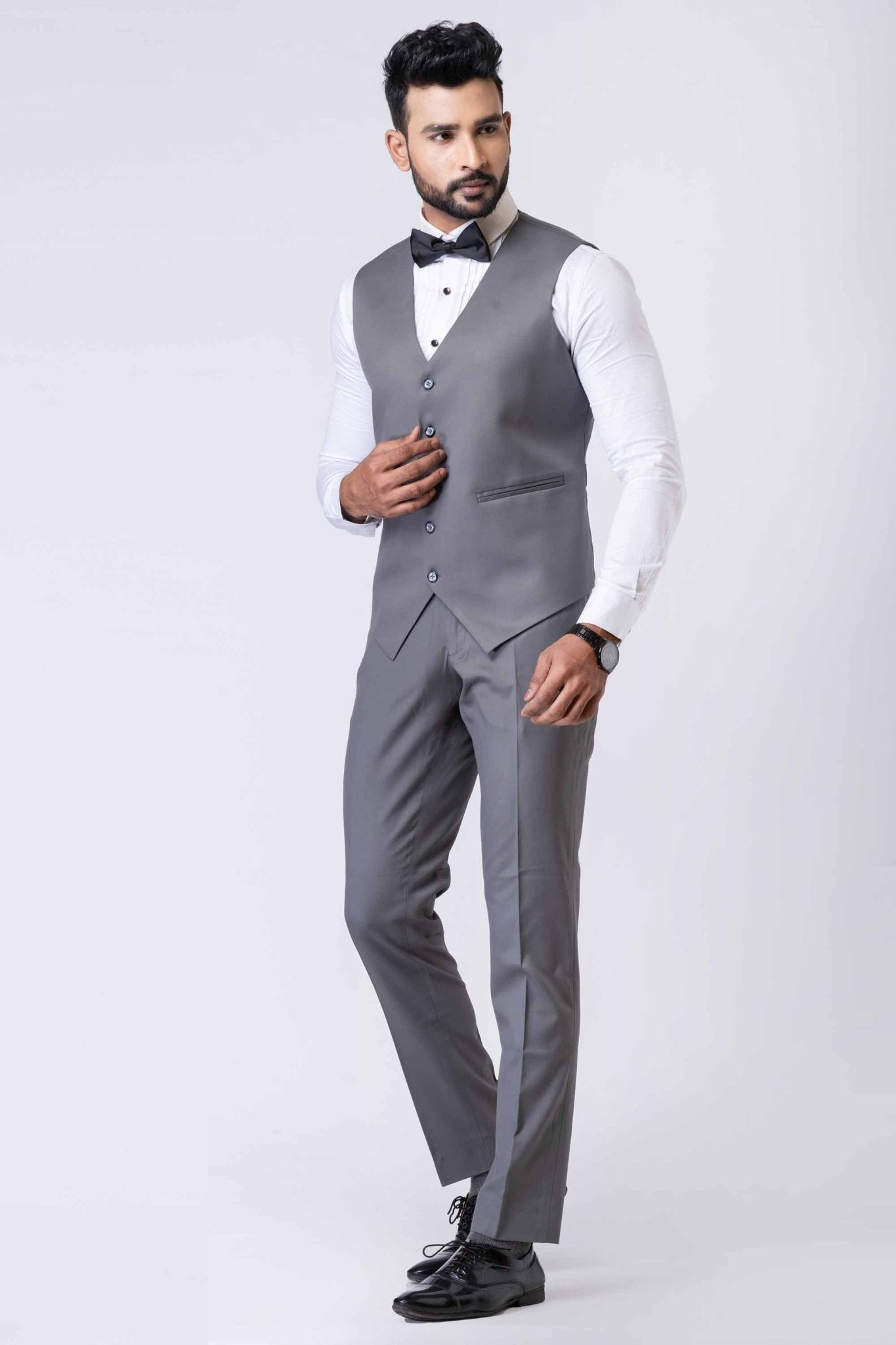 Graceful Men's Grey 3 - Piece Party Wear Tuxedo Suit with Bow Tie - Mangaldeep NX